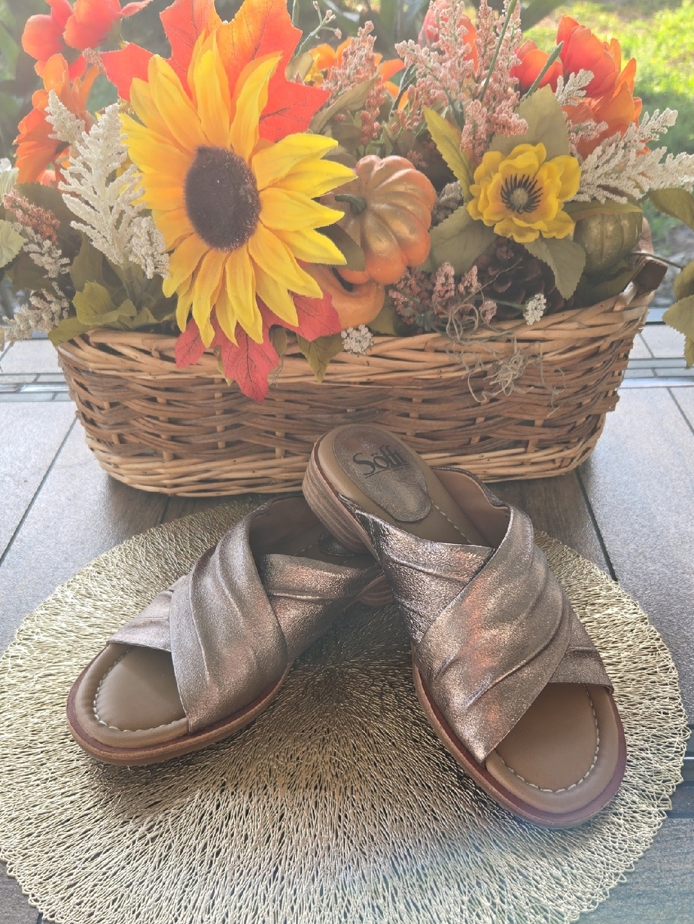 Metallic Bronze Crisscross Slide Sandals - Comfort Slip-On